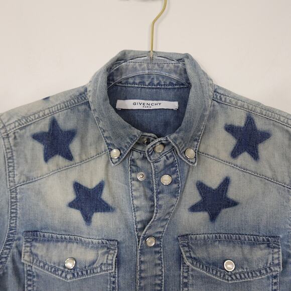 Givenchy Blue Denim Washed Star Chambray Pearl Snap Button Down Shirt 36 US 4 - Picture 6 of 16